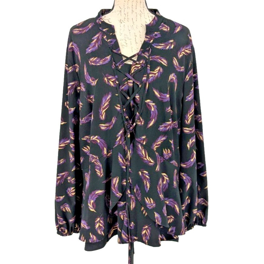 LANE BRYANT Black Purple Gold Feather Blouse SIZE Plus 24  Corp Gore Business